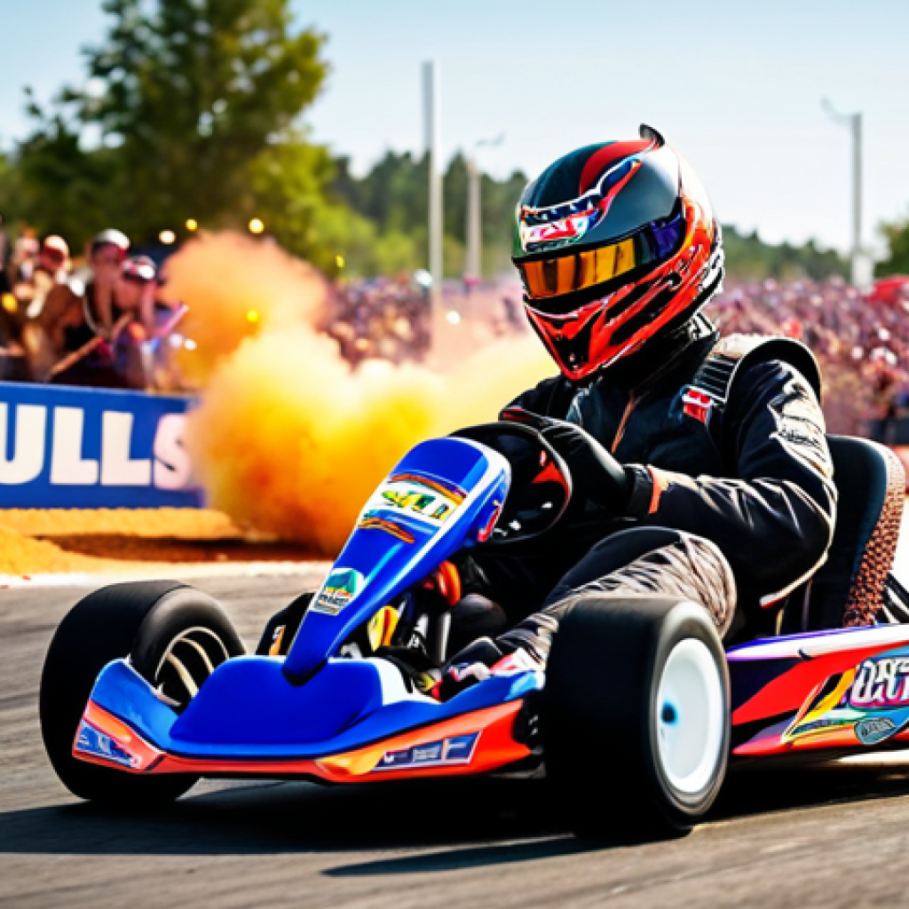 **Intense KartRider Drift action:** A kart mid-drift around a sharp corner, sparks flying from the tires. Nitro flames are blasting from the back, indicating a speed boost. The driver is focused, counter-steering with precision. Background: A vibrant KartRider Drift track filled with colorful obstacles and cheering spectators.