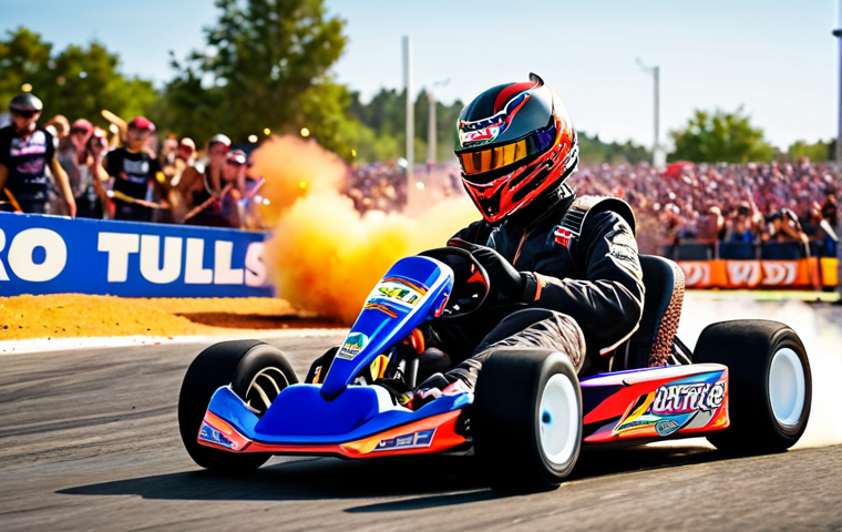 **Intense KartRider Drift action:** A kart mid-drift around a sharp corner, sparks flying from the tires. Nitro flames are blasting from the back, indicating a speed boost. The driver is focused, counter-steering with precision. Background: A vibrant KartRider Drift track filled with colorful obstacles and cheering spectators.