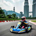 **Action-packed KartRider race scene:** A vibrant and dynamic scene of a KartRider race on a winding track with sharp turns, showcasing a kart expertly drifting around a corner. Include item effects like a missile trailing behind one kart and a shield protecting another. The backdrop features Malaysian-inspired scenery with Petronas Twin Towers subtly visible in the distance, blending the game with local landmarks. The focus should be on speed, action, and the use of items.