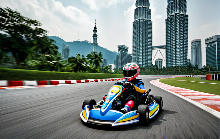 **Action-packed KartRider race scene:** A vibrant and dynamic scene of a KartRider race on a winding track with sharp turns, showcasing a kart expertly drifting around a corner. Include item effects like a missile trailing behind one kart and a shield protecting another. The backdrop features Malaysian-inspired scenery with Petronas Twin Towers subtly visible in the distance, blending the game with local landmarks. The focus should be on speed, action, and the use of items.