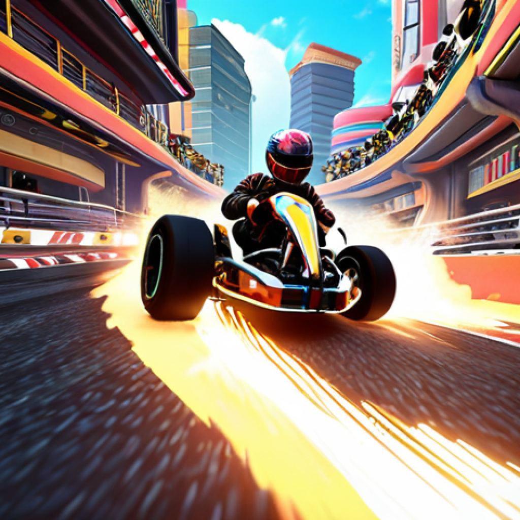 A dynamic, vibrant, and highly detailed racing scene from KartRider: Drift. The focus is on a customizable kart with a sleek design, performing a perfect "drift" around a sharp, colorful corner on a futuristic city track, with exaggerated speed lines and particle effects. The track environment is rich with modern graphics, reflecting light and showing intricate details. The overall impression should be of an immersive, fast-paced, and visually stunning arcade racing experience, with a subtle hint of Malaysian enthusiasm.