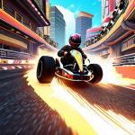 A dynamic, vibrant, and highly detailed racing scene from KartRider: Drift. The focus is on a customizable kart with a sleek design, performing a perfect "drift" around a sharp, colorful corner on a futuristic city track, with exaggerated speed lines and particle effects. The track environment is rich with modern graphics, reflecting light and showing intricate details. The overall impression should be of an immersive, fast-paced, and visually stunning arcade racing experience, with a subtle hint of Malaysian enthusiasm.