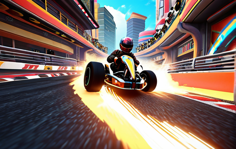 A dynamic, vibrant, and highly detailed racing scene from KartRider: Drift. The focus is on a customizable kart with a sleek design, performing a perfect "drift" around a sharp, colorful corner on a futuristic city track, with exaggerated speed lines and particle effects. The track environment is rich with modern graphics, reflecting light and showing intricate details. The overall impression should be of an immersive, fast-paced, and visually stunning arcade racing experience, with a subtle hint of Malaysian enthusiasm.