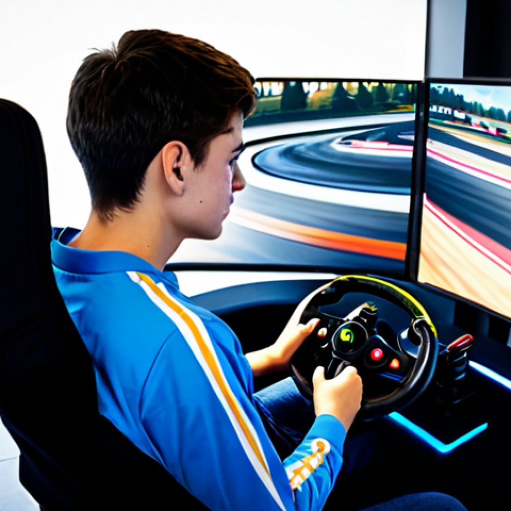 A determined young adult, fully clothed in a modest, modern esports jersey, skillfully gripping a gaming steering wheel. Their eyes are intensely focused on a screen displaying a vibrant KartRider-like race track with a kart mid-drift, dynamic trails of speed suggesting precision and mastery. The background features a clean, well-lit gaming setup, subtly hinting at the journey of skill improvement. The player exhibits perfect anatomy, correct proportions, and a natural, focused pose with well-formed hands and proper finger count on the controller. Safe for work, appropriate content, fully clothed, modest, professional photography, high quality.