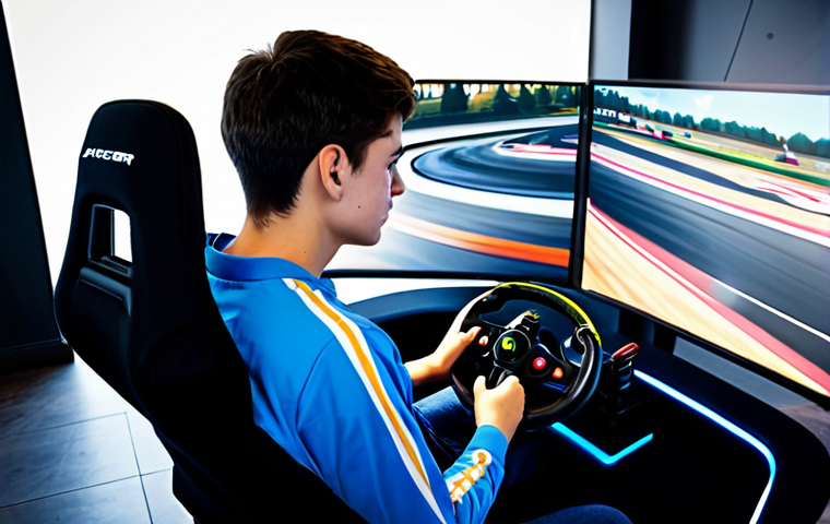 A determined young adult, fully clothed in a modest, modern esports jersey, skillfully gripping a gaming steering wheel. Their eyes are intensely focused on a screen displaying a vibrant KartRider-like race track with a kart mid-drift, dynamic trails of speed suggesting precision and mastery. The background features a clean, well-lit gaming setup, subtly hinting at the journey of skill improvement. The player exhibits perfect anatomy, correct proportions, and a natural, focused pose with well-formed hands and proper finger count on the controller. Safe for work, appropriate content, fully clothed, modest, professional photography, high quality.