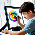A focused young adult fan artist, fully clothed in comfortable, modest casual attire, intensely working on a digital drawing tablet. The screen displays a colorful, dynamic fan art concept inspired by a popular racing game. The background is a tidy home studio space, well-lit with natural light, featuring art supplies and framed illustrations on the walls. The artist is in a natural pose, with perfect anatomy and well-formed hands, expressing dedication and creativity. The overall image is safe for work, appropriate content, family-friendly, and professionally captured with high-quality photography, ensuring correct proportions and natural body proportions.