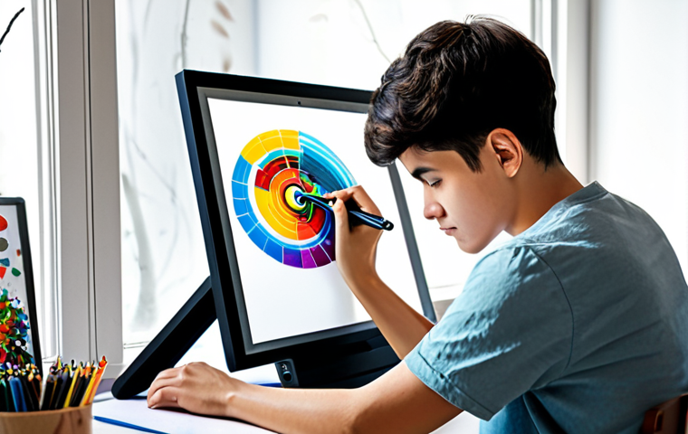 A focused young adult fan artist, fully clothed in comfortable, modest casual attire, intensely working on a digital drawing tablet. The screen displays a colorful, dynamic fan art concept inspired by a popular racing game. The background is a tidy home studio space, well-lit with natural light, featuring art supplies and framed illustrations on the walls. The artist is in a natural pose, with perfect anatomy and well-formed hands, expressing dedication and creativity. The overall image is safe for work, appropriate content, family-friendly, and professionally captured with high-quality photography, ensuring correct proportions and natural body proportions.