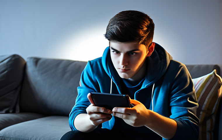 A focused young adult gamer, gender-neutral appearance, in casual, modest clothing, sitting comfortably and deeply concentrated while holding a mobile phone or tablet, with thumbs poised for control. The screen of the device subtly glows with vibrant racing game elements, indicating active gameplay. The setting is a clean, modern home or a well-lit gaming area, with soft ambient light creating a focused atmosphere. The gamer's expression shows intense concentration and skill. Professional photography, high-resolution, sharp focus, natural pose, perfect anatomy, correct proportions, well-formed hands, proper finger count, natural body proportions, fully clothed, modest clothing, appropriate attire, professional dress, safe for work, appropriate content, family-friendly.