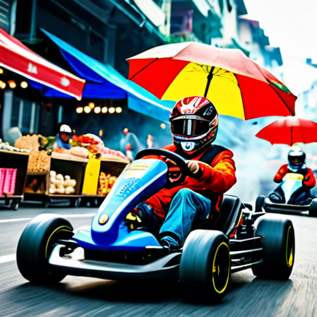 Dynamic Kart Race**

"A high-speed kart race through a vibrant Malaysian city street market, fully clothed racers in uniquely designed karts, sparks and smoke effects, appropriate attire, bustling market background with food stalls and colorful umbrellas, safe for work, perfect anatomy, correct proportions, professional digital art, high quality, family-friendly, modest."

**