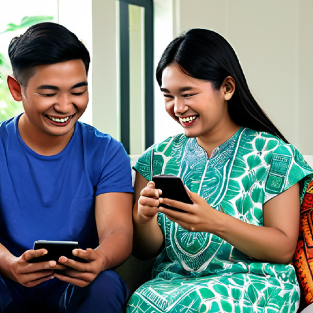 **

A vibrant and cheerful scene of a family fully clothed, enjoying KartRider Rush+ on their mobile devices in a cozy living room. The living room is decorated in a modern Malaysian style, with batik cushions and a glimpse of a green, tropical garden through the window. Focus on expressions of joy and friendly competition.  Safe for work, appropriate content, family-friendly, professional digital art, perfect anatomy, correct proportions, natural pose, well-formed hands, proper finger count, natural body proportions.

**