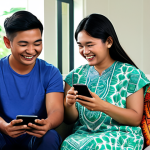 **

A vibrant and cheerful scene of a family fully clothed, enjoying KartRider Rush+ on their mobile devices in a cozy living room. The living room is decorated in a modern Malaysian style, with batik cushions and a glimpse of a green, tropical garden through the window. Focus on expressions of joy and friendly competition.  Safe for work, appropriate content, family-friendly, professional digital art, perfect anatomy, correct proportions, natural pose, well-formed hands, proper finger count, natural body proportions.

**