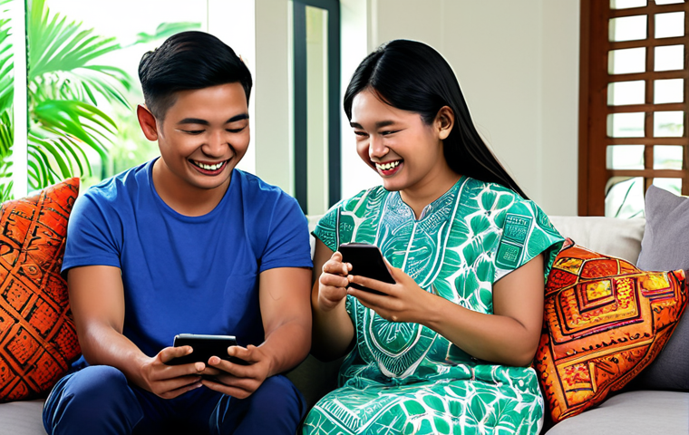 **

A vibrant and cheerful scene of a family fully clothed, enjoying KartRider Rush+ on their mobile devices in a cozy living room. The living room is decorated in a modern Malaysian style, with batik cushions and a glimpse of a green, tropical garden through the window. Focus on expressions of joy and friendly competition.  Safe for work, appropriate content, family-friendly, professional digital art, perfect anatomy, correct proportions, natural pose, well-formed hands, proper finger count, natural body proportions.

**